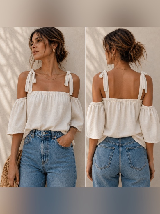 Reformation Tops - Reformation Cream Off-Shoulder Tie-Strap Linen-Material Blouse